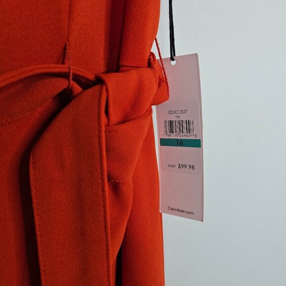 NWT CALVIN KLEIN Faux Wrap Dress ORANGE CLAY size 16 Ruffle Hem Short Sleeves - Picture 6 of 11
